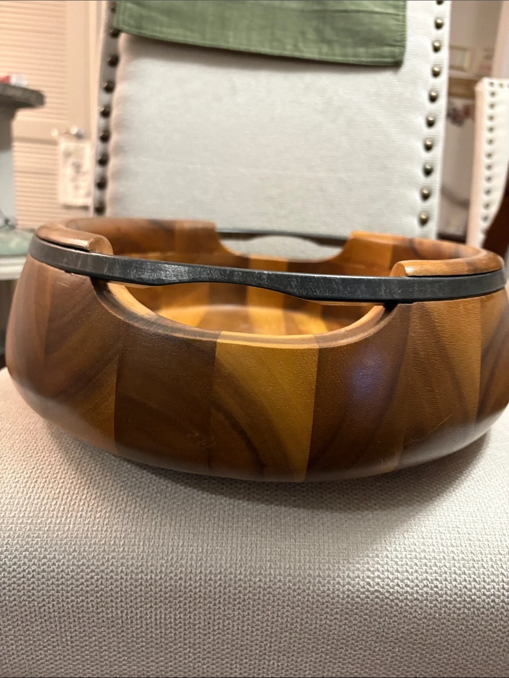 Nambe Acacia Wood Serving Bowl with Servers in Honey Brown and Metal Accents